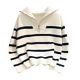 thumbnail image 1 of Women's Sweaters Quarter Zip Long Sleeve V Neck Lapel Striped Printed Knit Pullover Sweater Casual Fall Tops (L, White), 1 of 7