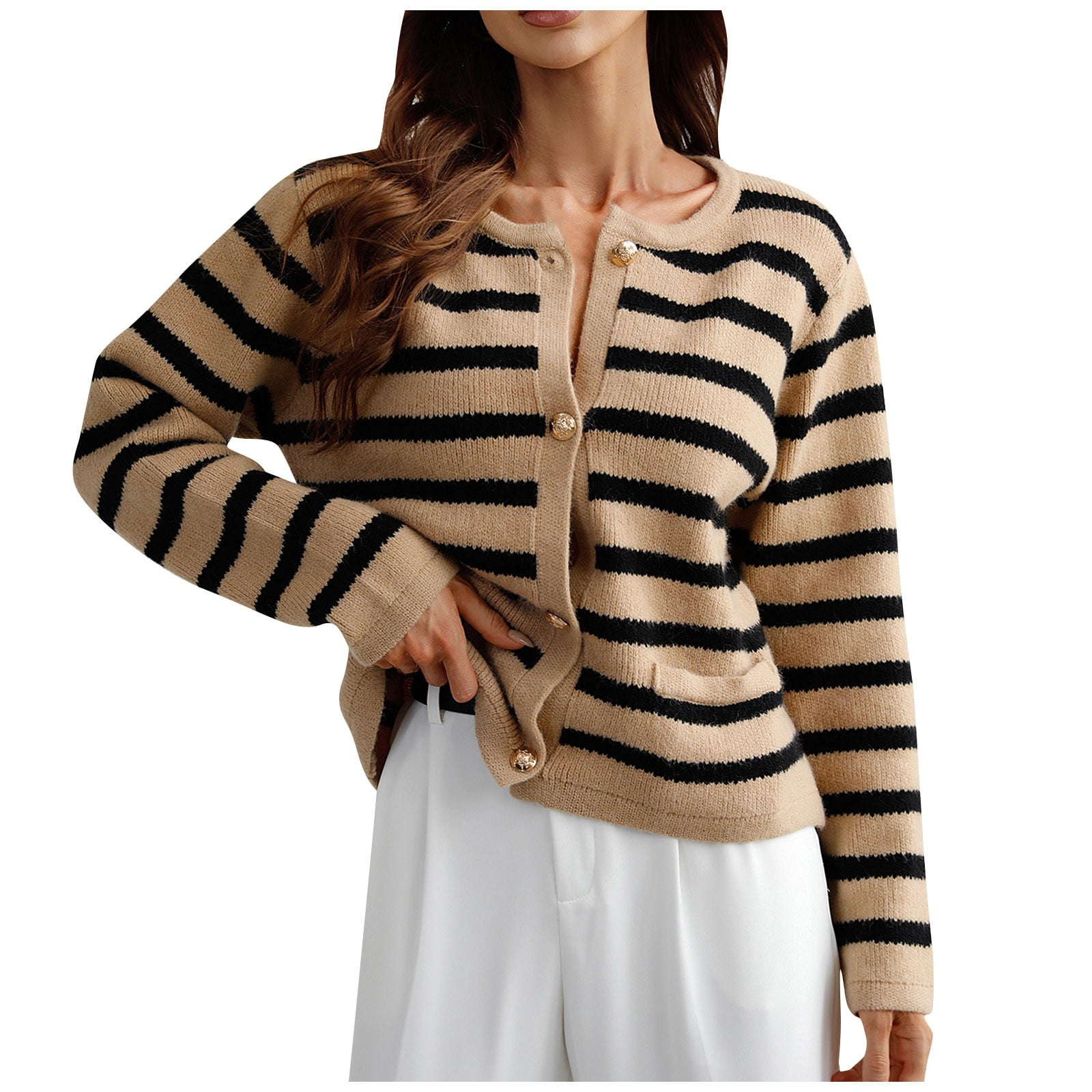 Women's Sweaters, Ropa De Invierno Para Mujer Fall Outfits Clothes 2022  Fashion For Winter Women's Autumn And Button Striped Knitted Cardigan Long  Sleeve Sweater Autumn/Winter (M, Khaki) TBKOMH 