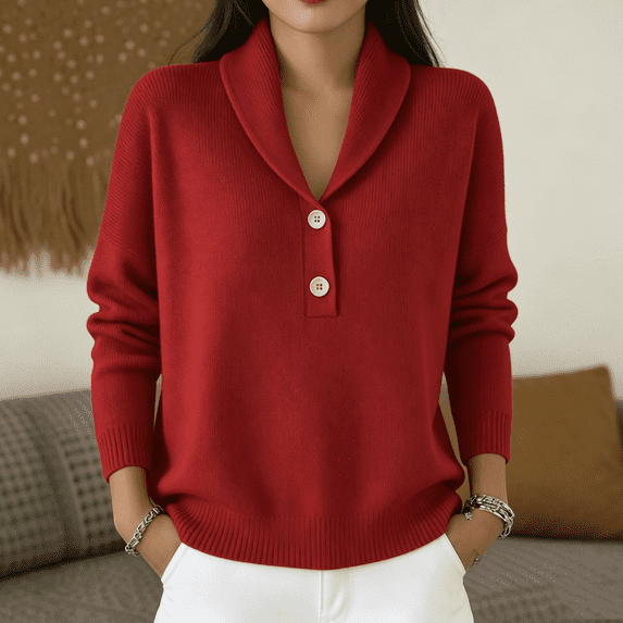 Women's Sweaters Shawl Collar Henley Knit Sweater Long Sleeve Half Button Loose Pullover Jumper Casual Soft Fall Winter Basic Top for Daily Wear