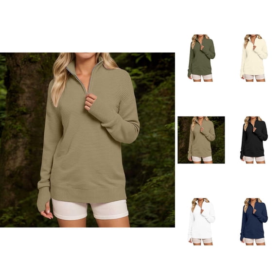 Women's Sweaters Off Shoulder Pullover Cropped Casual Knit Romantic Date Night Clothing Women's Comfortable Long Sleeve Half Zipper V Neck Casual Rib Knitted Sweater Women's Pullover Top