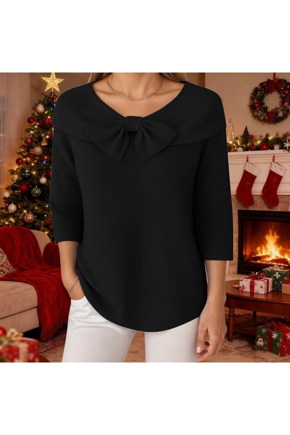 Women's Sweaters Solid Color Crew Neck Long Sleeve Bow Detail Knit Sweater Sweet Charming Daily Essential Basic Pullover Black XXL