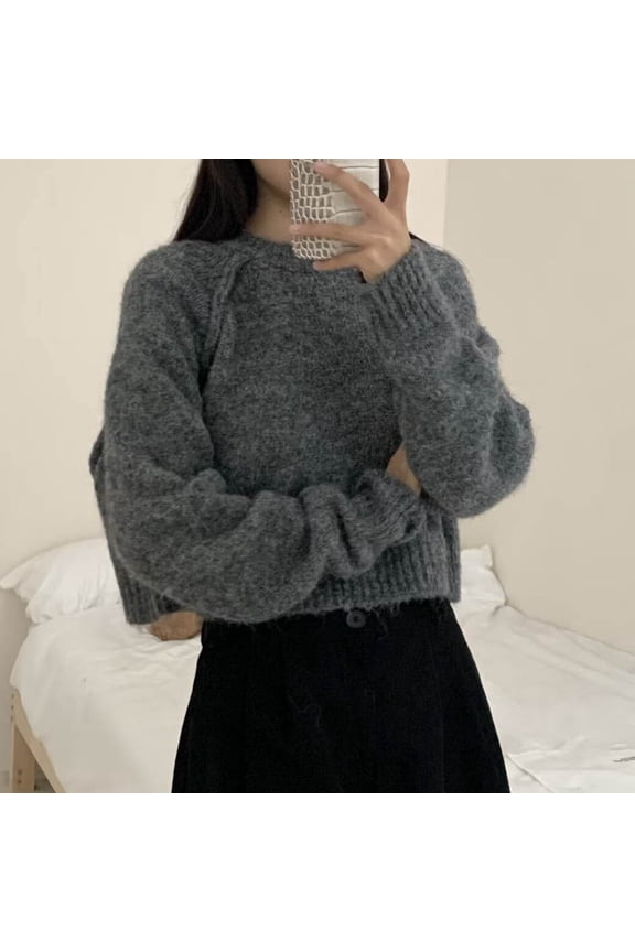 Women's Sweaters Solid Color Crew Neck Long Sleeve Loose Cropped Knit Pullover Slimming Lightweight Top Grey A