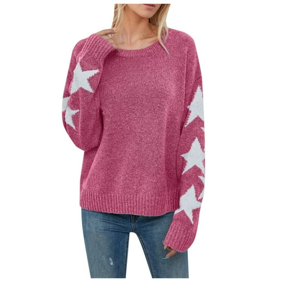 Women's Sweaters Star Jacquard Knit Sweaters Pullover Crew Neck Knitted Tops Fall Sweater Red S