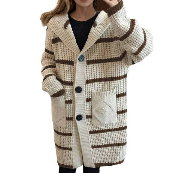 Women's Sweaters Trendy Fall Winter Striped Knit Long Cardigan Hooded Blouses for Women,Beige,M