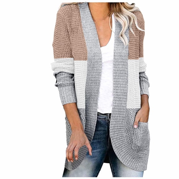 Women's Sweaters Trendy Long Sleeve Cardigan Stripe Knit With Pocket Fall Outwear Winter Clothing,Khaki,M