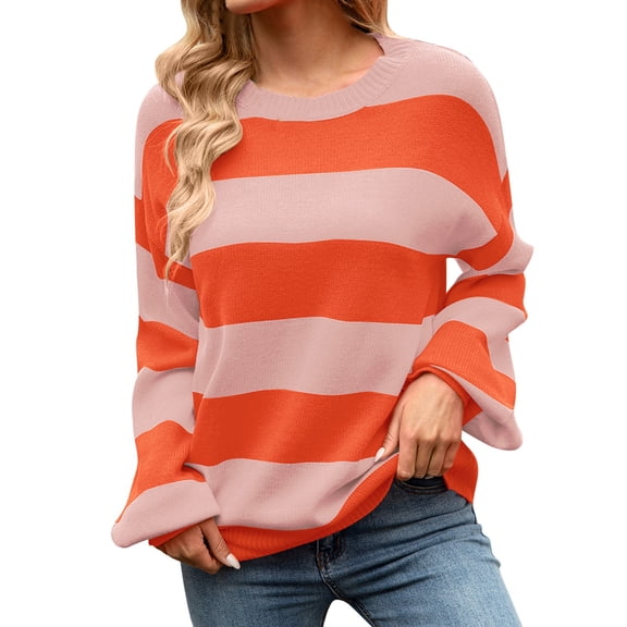 Women's Sweaters Trendy Long Sleeve Color Block Stripe Knit Pullover Fall Outfits Clothes,Pink,M
