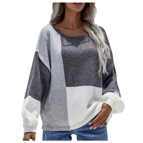 Women's Sweaters Trendy Long-Sleeved Shirt Stripes Crew Neck Pullover Fall Fashion Outfits,Grey,M