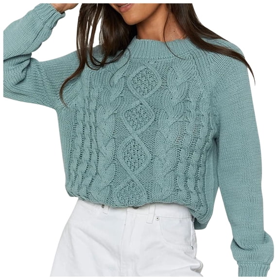 Women's Sweaters Trendy Solid Knitted Long-Sleeved Crew Neck Pullover Fall Fashion,Blue,M