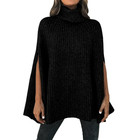Women's Sweaters Trendy Turtleneck Poncho Chunky Knit Cape Wrap Jumper Fall Womens Tops,Black,M