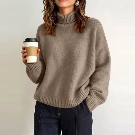 Women's Sweaters Turtleneck Chunky Knit Long Sleeve Pullover Sweater Tops Loose Fit Soft Warm Fall Winter Basic Knitwear for Ladies Trendy Clothes