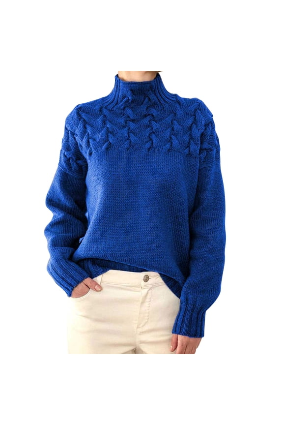 Women's Sweaters Turtleneck Cowl Neck Solid Color Casual Fashion Fall Winter Tops for Women Blue