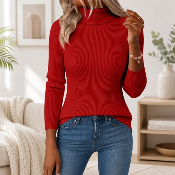 Women's Sweaters Turtleneck Ribbed Knit Long Sleeve Slim Fit Pullover Tops