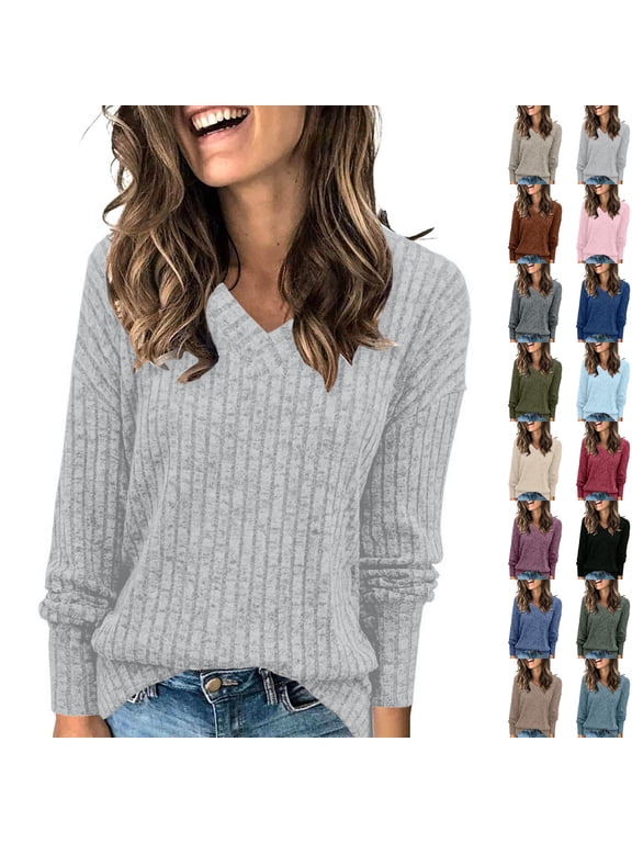 Women's Sweaters V Neck Ribbed Knit Long Sleeve Loose Fit Soft Lightweight Pullover Tops Cozy Fall Winter Basic Sweater