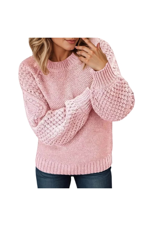 Women's Sweaters Winter Clothes for Women Crewneck Knit Sweater Casual Loose Fit Solid Color Pullover Top With Jacquard Pattern