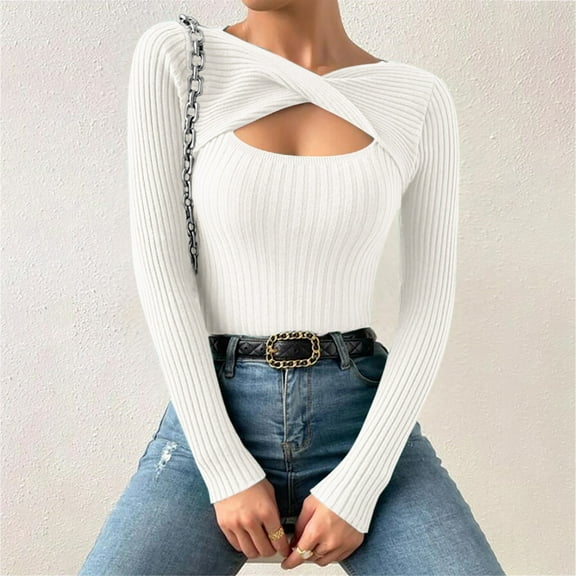 Women's Sweaters Women Casual Long Sleeve Hollow Out Irregular Round Neck T Shirts Basic Tee Sweater Top