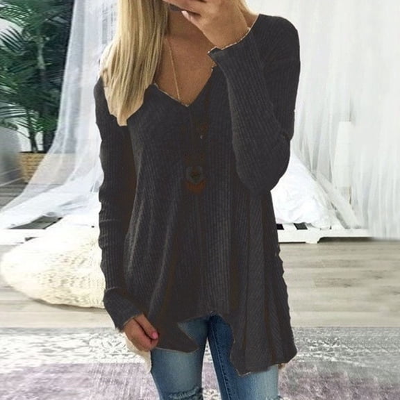 Women's Sweaters Women's Autumn and Winter Sweater Solid Color Pullover V-Neck Irregular Tops