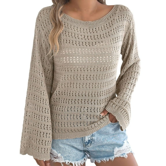 Women's Sweaters Womens Fall Clothes 2025 Early Autumn One Collar Hollow Out Long Sleeved Knitted Sweater Casual Loose Women's Clothing