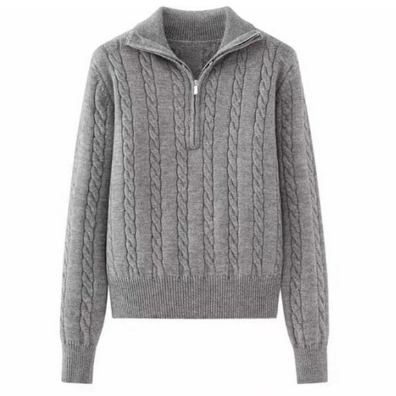 Women's Sweaters Womens Fall Tops Notched Collar Zip Front Knit Sweater Pullover Long Sleeve Casual Loose Fit Solid Color Top for Autumn Winter