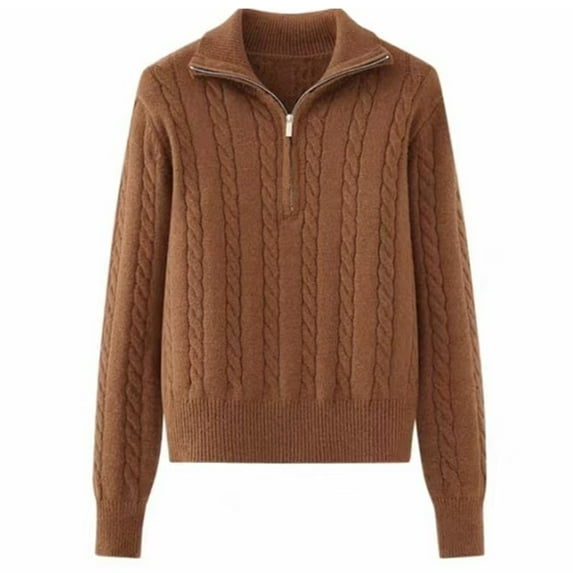 Women's Sweaters Womens Fall Tops Notched Collar Zip Front Knit Sweater Pullover Long Sleeve Casual Loose Fit Solid Color Top for Autumn Winter