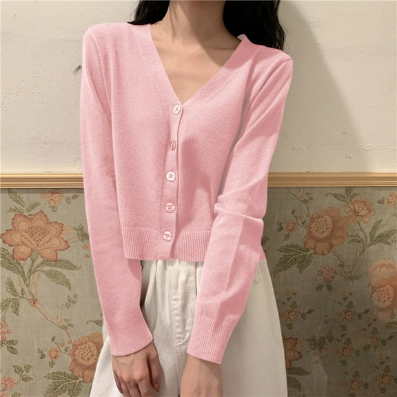 Women's Sweaters and Cardigans Summer Pink Solid Button Casual Cardigan-neck Long Sleeve Knitted Coat