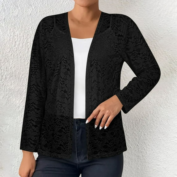 Women's Sweaters and Cardigans Summer Pink Solid Color Hollow Long Sleeve Lace Casual Cardigan Top