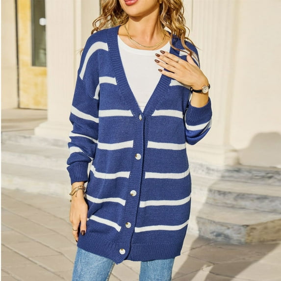 Women's Sweaters and Cardigans Summer Striped Patchwork Casual Solid Color Pocket Cardigan Button Sweater Sweater Top