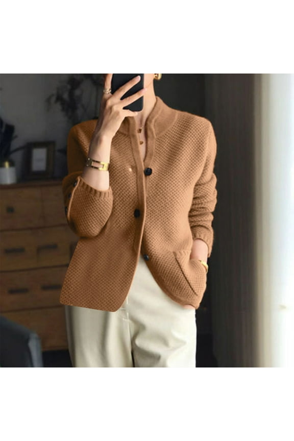 Women's Sweaters and Cardigans with Pockets Fall And Winter Loose Knitted Cardigan Loose Sweater Stand Collar Short Sweater Coat Round Neck Sweater