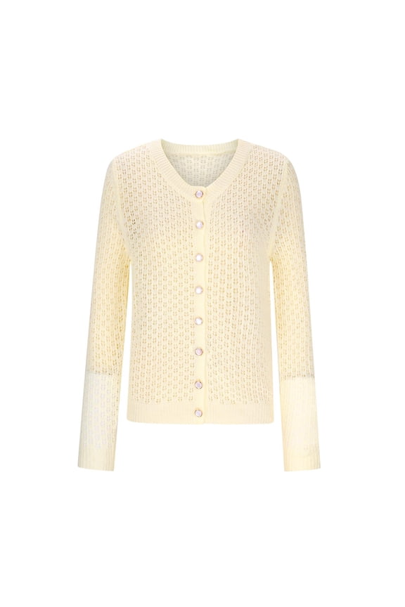 Women's Sweaters and Cardigans with Pockets Solid Color Round Neck Button Hollow Out Casual Knitted Cardigan Fall Top