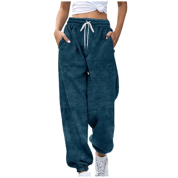 Women's Sweatpant Fall and Winter Fashion Casual Plus Size Solid Color Fleece Drawstring Elastic Waist Sweatpants Cuffed Ankles Side Pockets