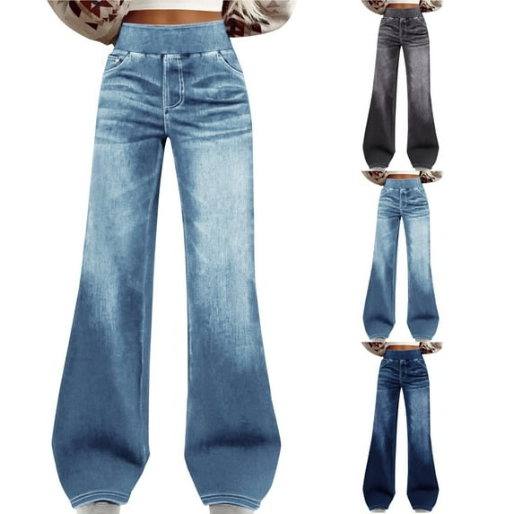 Women's Sweatpant Jeans High Waisted Stretchy Pull On Wide Leg Denim Pants