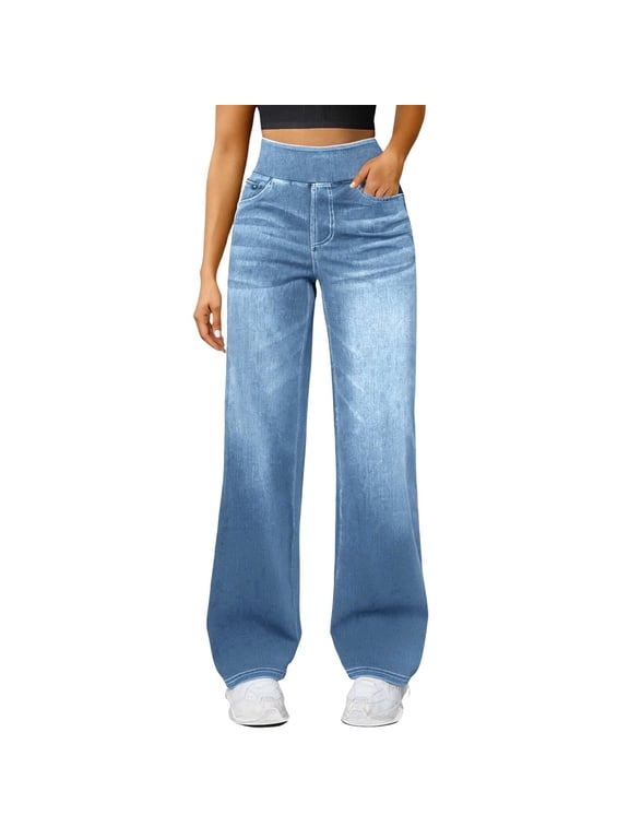Women's Sweatpant Jeans, High Waisted Wide Leg Pull On Pants, Stretchy Straight Leg Denim Pants, Casual Joggers That Look Like Jeans for Lounge, Daily Wear and Outfits-Light Blue