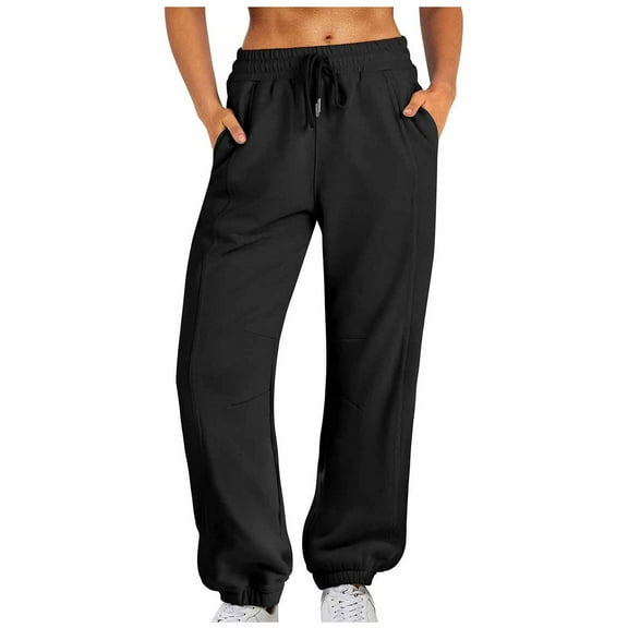 Women's Sweatpants Baggy Loose Mid Rise Fleece Workout With Pockets Active Long Jogger Black Sweatpants Long Pants (S)