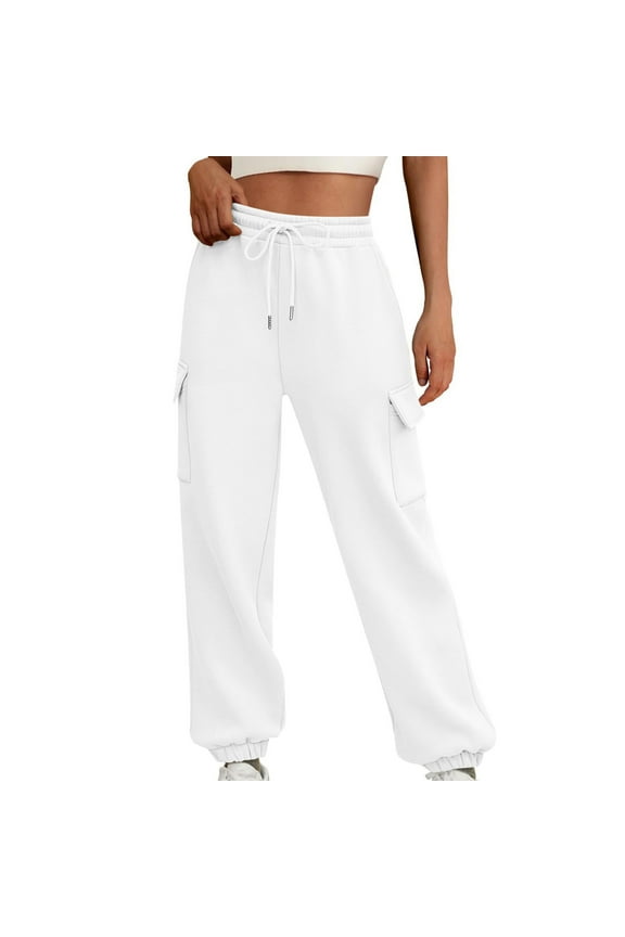 Women's Sweatpants Cinch Bottom Solid Cargo Pants Joggers Outdoor with Pockets White S