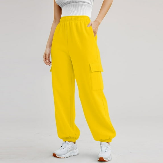 Women's Sweatpants Clearance Cargo Active Drawstring Sweatpants Straight Leg with Pockets Baggy Sweatpants Pants for Women 2024 Elastic Waist Lounge Yellow S