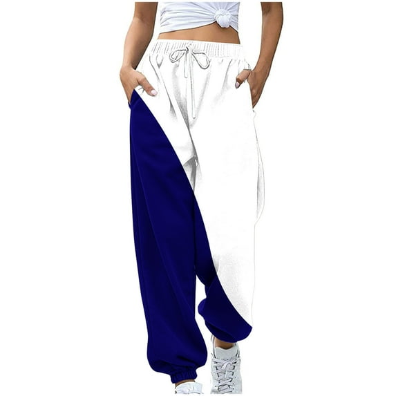 Women's Sweatpants Color Block Printed Elastic Cuffs Joggers with Pockets Navy XL