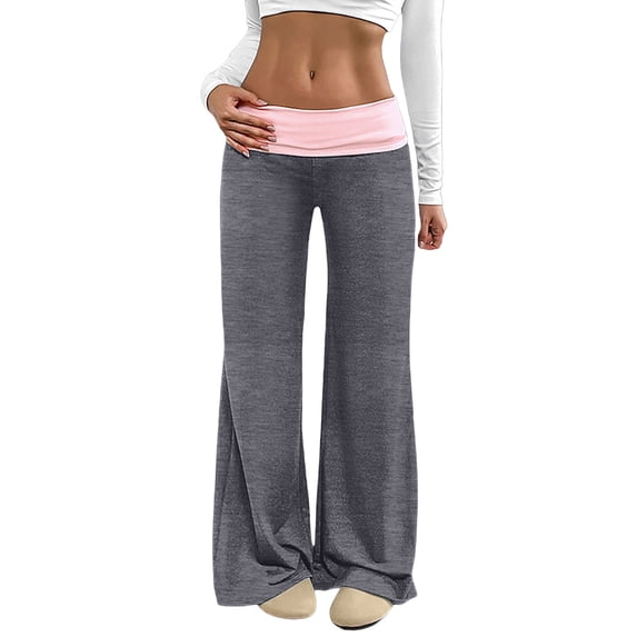 Women's Sweatpants Color Block Y2K Low Rise Fold Over Waist Baggy Wide Leg Pants Lounge Flare Leggings