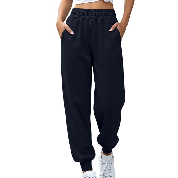 Women's Sweatpants, Drawstring Closure, Double Elastic Waist Sweatpants, Full Length Jogger Solid Sweatpants, Fitness Casual Wear Side Slip Pockets Trousers Navy,L