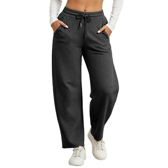 Women's Sweatpants, Drawstring Closure, Elastic Waist Sweatpants, Full Length Straight Leg Solid Sweatpants, Outdoor Casual Wear Side Slip Pockets Trousers Dark Gray,XL