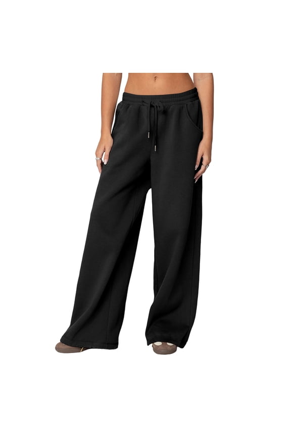 Women's Sweatpants Drawstring High Waisted Active Joggers Pants Wide Leg Workout Trousers Casual Loose Lounge Pants with Pockets (Black)