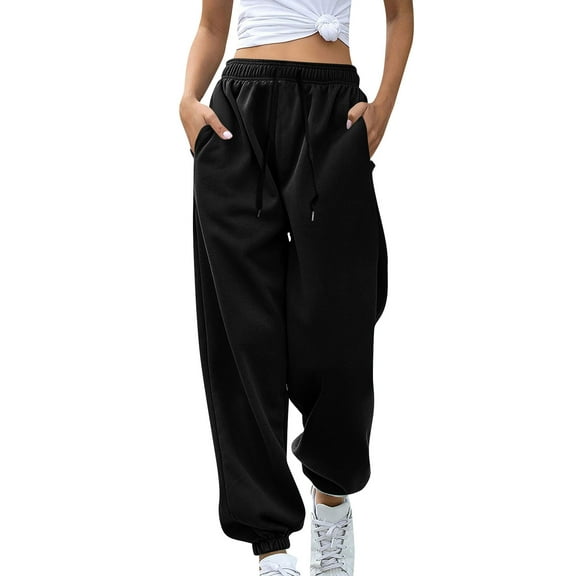 Women's Sweatpants Elastic High Waisted Drawstring Cinch Bottom Joggers Baggy Casual Lounge Trousers with Pockets Black M