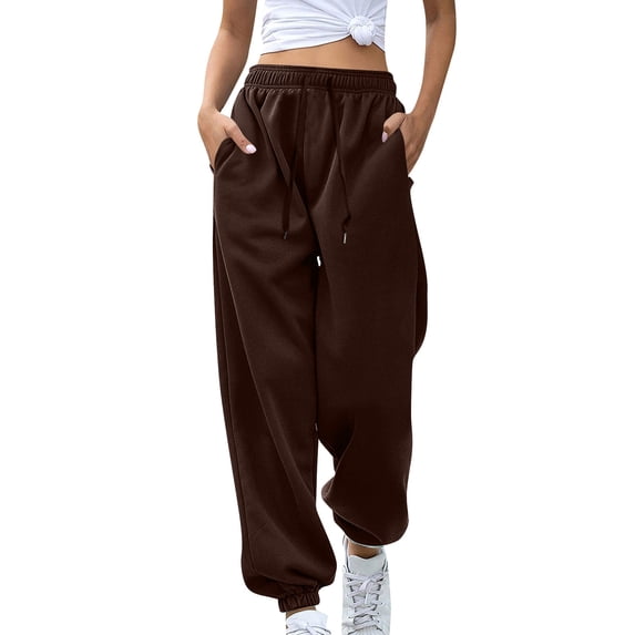 Women's Sweatpants Elastic High Waisted Drawstring Cinch Bottom Joggers Baggy Casual Lounge Trousers with Pockets Coffee L