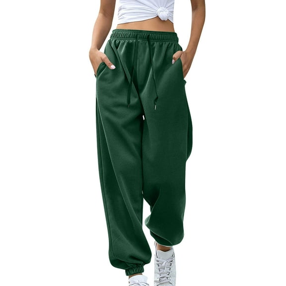 Women's Sweatpants Elastic High Waisted Drawstring Cinch Bottom Joggers Baggy Casual Lounge Trousers with Pockets Dark Green M