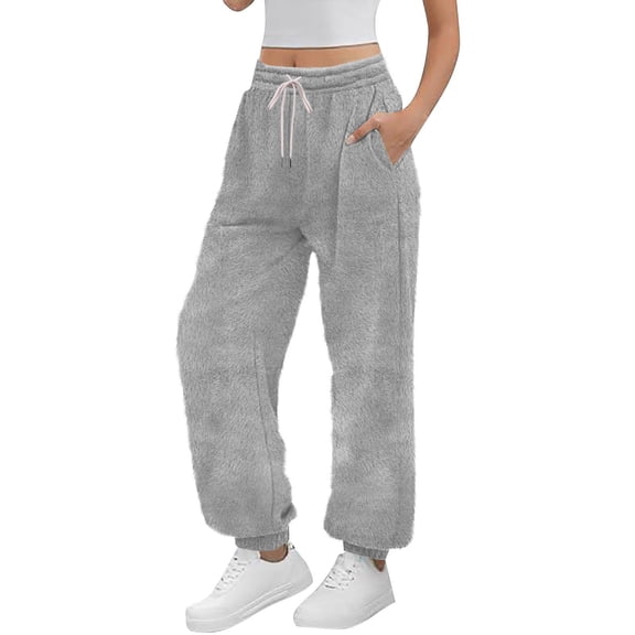 Women's Sweatpants Fleece Drawstring Elastic Waist Long Pant Winter Cuffed Ankles With Pockets