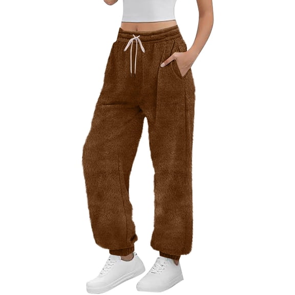 Women's Sweatpants Fleece Drawstring Elastic Waist Long Pant Winter Cuffed Ankles With Pockets