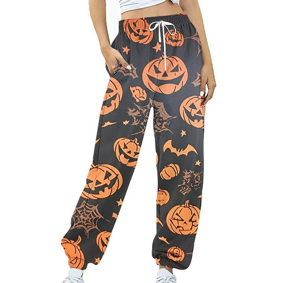 Women's Sweatpants Halloween Funny Print Elastic Waist Jogging Pants with Pocket Drawstring Fall Casual Baggy Trousers, Gray, L