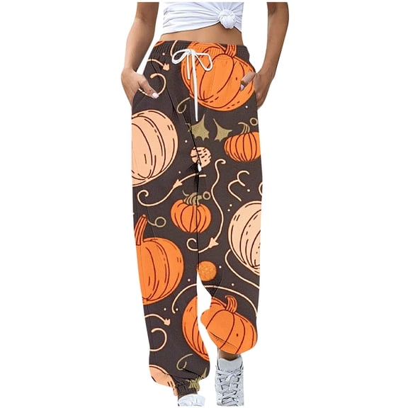 Women's Sweatpants Halloween Funny Print Elastic Waist Jogging Pants with Pocket Drawstring Fall Casual Baggy Trousers, Gray, S