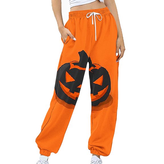Women's Sweatpants Halloween Funny Print Elastic Waist Jogging Pants with Pocket Drawstring Fall Casual Baggy Trousers, Orange, XL