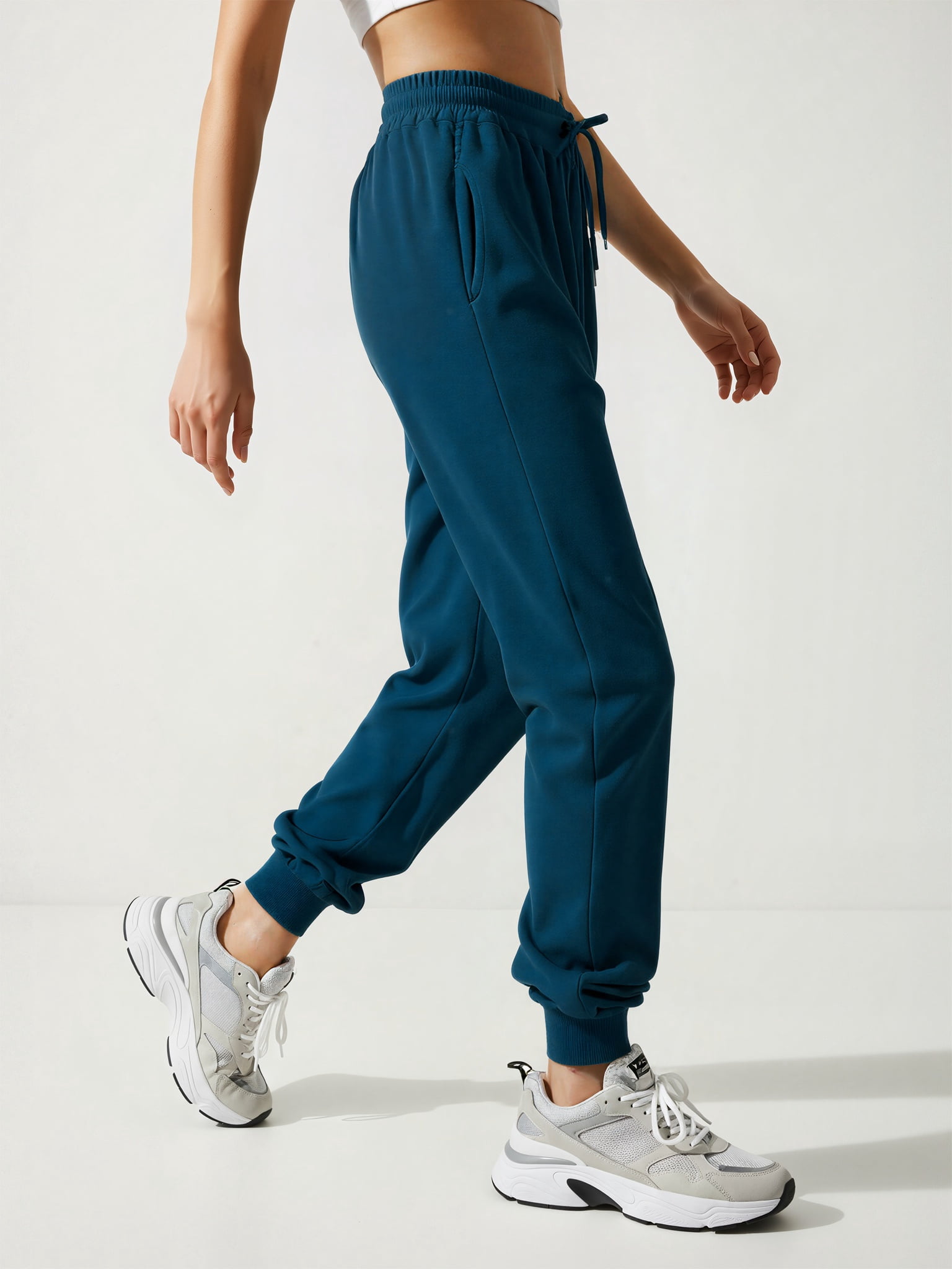 Women's Sweatpants High Elastic Waist Solid Drawstring Cuffed Joggers with Pockets Blue L