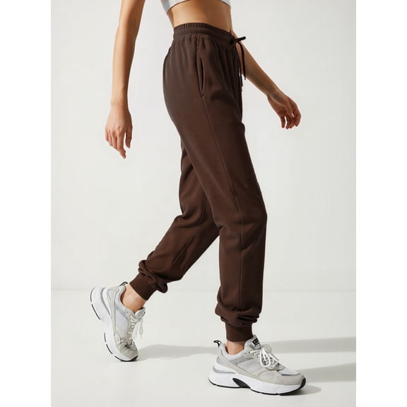 Women's Sweatpants High Elastic Waist Solid Drawstring Cuffed Joggers with Pockets Coffee 2XL