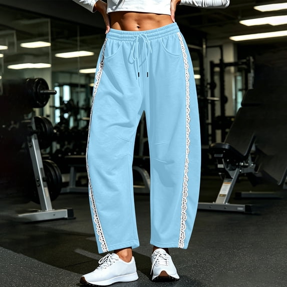 Women's Sweatpants Lace Trim Wide Leg Baggy Lounge Pants Blue Drawstring Elastic Waist Sweat Pants Size 2XL